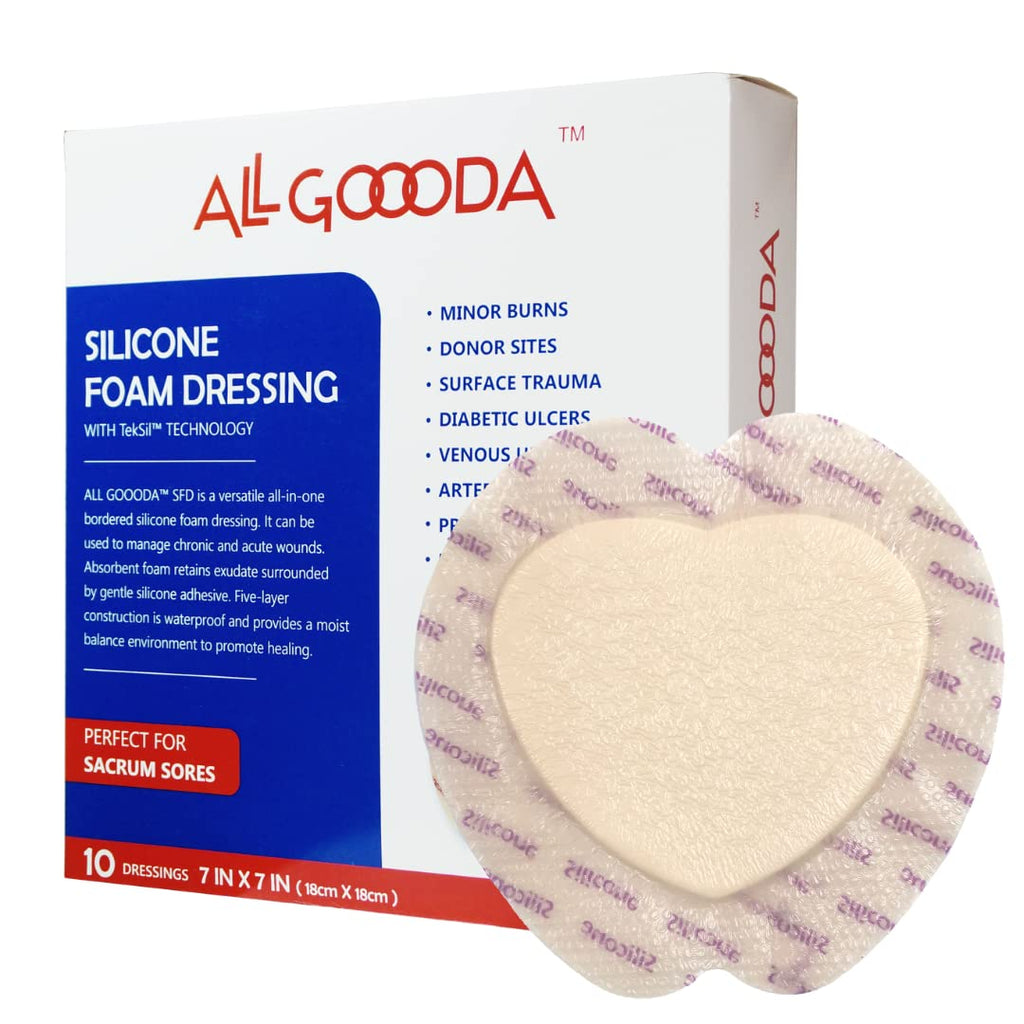 [Australia - AusPower] - ALL GOOODA Sacral Silicone Foam Dressing 7”x7”[10 Pack] Gentle Adhesive Border for Sacrum Wound Care, Sacral Foam Dressing, Bed Sore, Pressure Sore, Diabetic Ulcer, Large Wound Bandage 