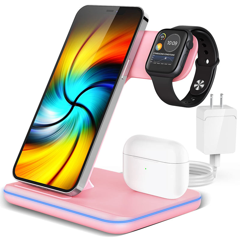 [Australia - AusPower] - Wireless Charging Station, 2021 Upgraded 3 in 1 Wireless Charger Stand with Breathing Indicator Compatible with iPhone 13/12/11 Pro/XS, AirPods 3/2/1/pro, iWatch Series 7/6/5/4/3, and Samsung Phones Pink 