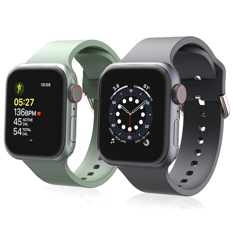 [Australia - AusPower] - Nylon Stretchy Watch Bands Compatible with Apple Watch Band 38mm 40mm 41mm 42mm 44mm 45mm, Adjustable Leopard Sport Strap Women Men Solo Loop Wristbands for iWatch Series 7 6 5 4 3 2 1 SE, 2 Packs 38/40/41mm green+grey silicone 