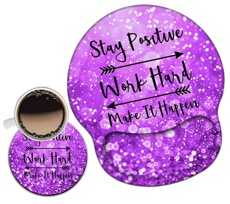 [Australia - AusPower] - Mouse Pad with Wrist Support Gel Ergonomic Mouse Pads with Rest Support Mouse Pad for Home Office Working Pain Relief + Coaster, Stay Positive Work Hard and Make It Happen Purple Glitter Yu-mouse Pad-2-h24 