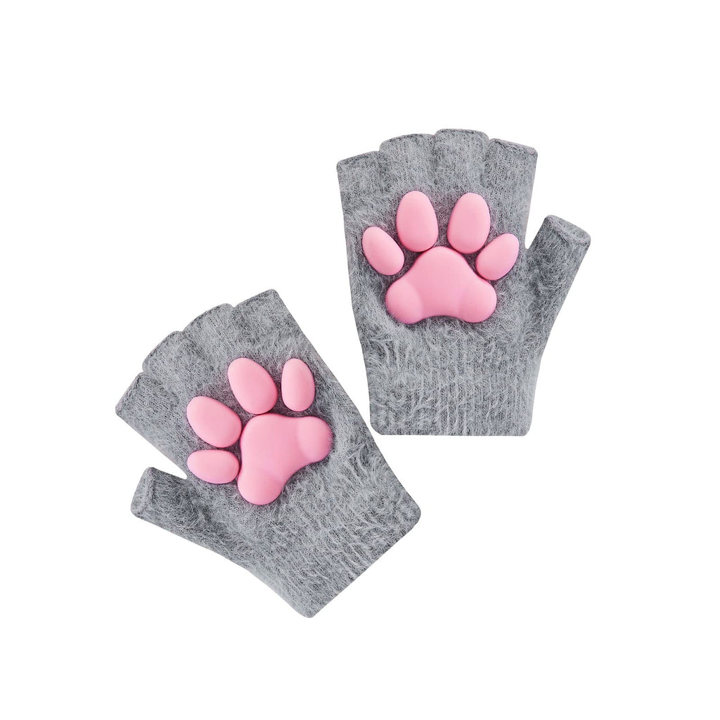 [Australia - AusPower] - Women Cat Paw Bear Paw Gloves, Fingerless Mittens with Kitten White Paw Winter Plush Pads for Party, Gift for Girl Gray Plush Mitten One Size 