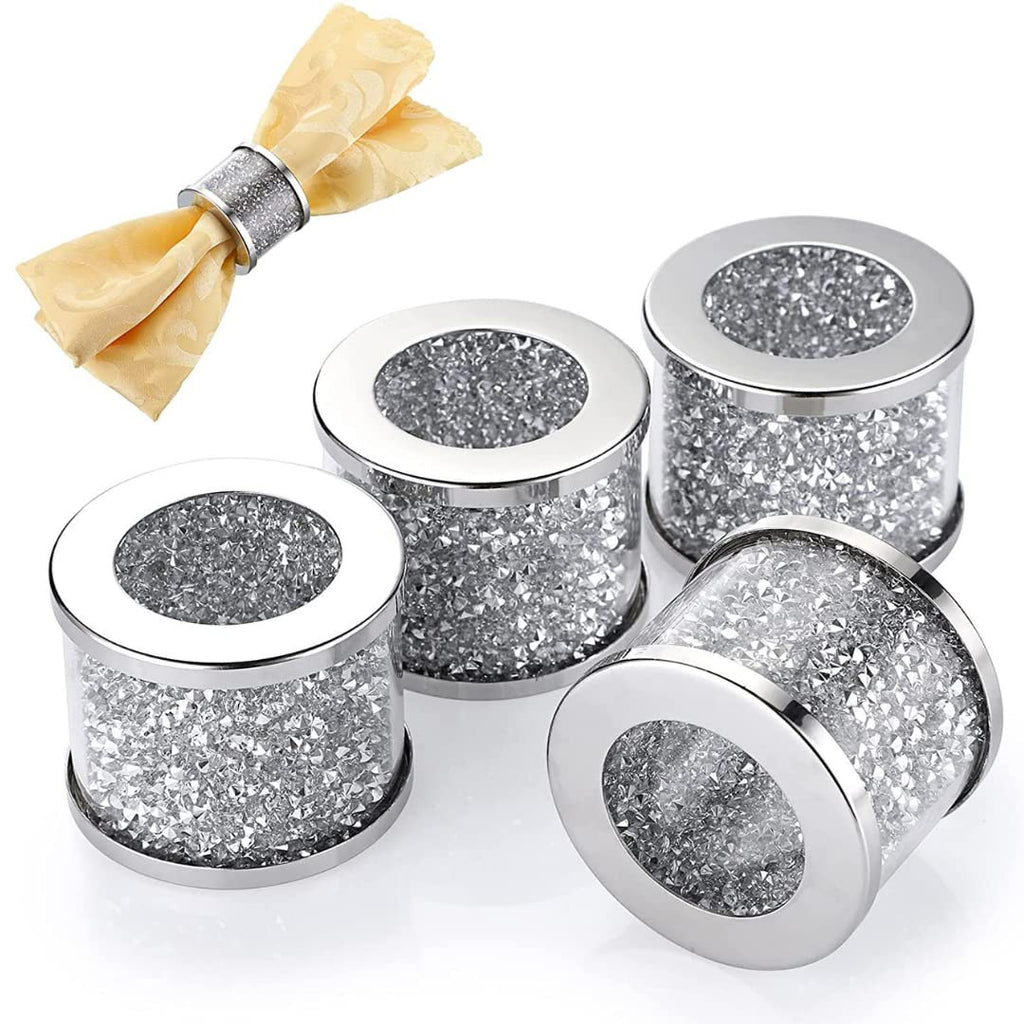 [Australia - AusPower] - Napkin Rings Silver Set of 4, Gatsby Bling for Cloth Holder Full Crushed Diamond Ideal Gift for Dinner Party Decor, Wedding Gift, Easter,, Christmas, 