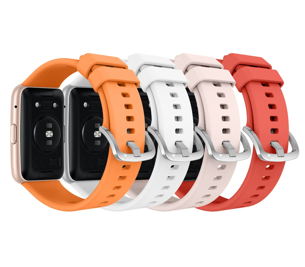 [Australia - AusPower] - MoKo 4 Pack Watch Strap Compatible with Huawei Watch Fit New/Elegant Smartwatch, Soft Silicone Replacement Band Bracelet Wristband Adjustable Strap with Clasp, Orange/White/Sakura Pink/Pink 