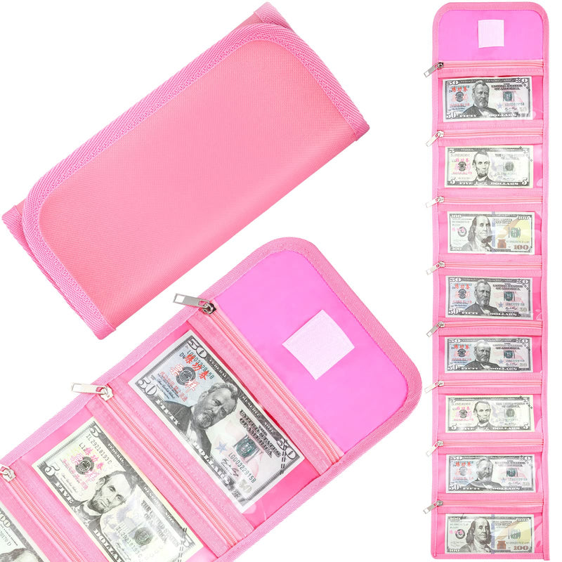 [Australia - AusPower] - Money Organizer Budget Wallet with 8 Zippered Slot Money Bag Receipt Holder Money Holder Small Travel Budgeting Pocket for Budgeting Cash, Storing Receipt (Pink) Pink 