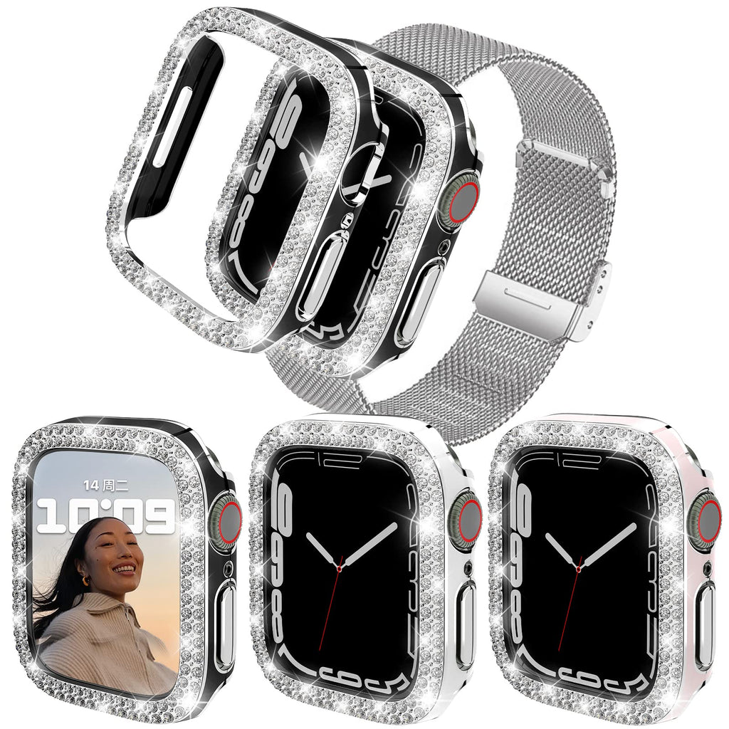 [Australia - AusPower] - Hooglny Hard PC Case Compatible for Apple Watch Series 7 45mm, Bling Rhinestone Protective Cover Shell for iWatch Series 7 Accessories Women Girls, Without Screen Protector, 3 Pcs (Silver Edge) Black/White/Pink(Silver Edge) 