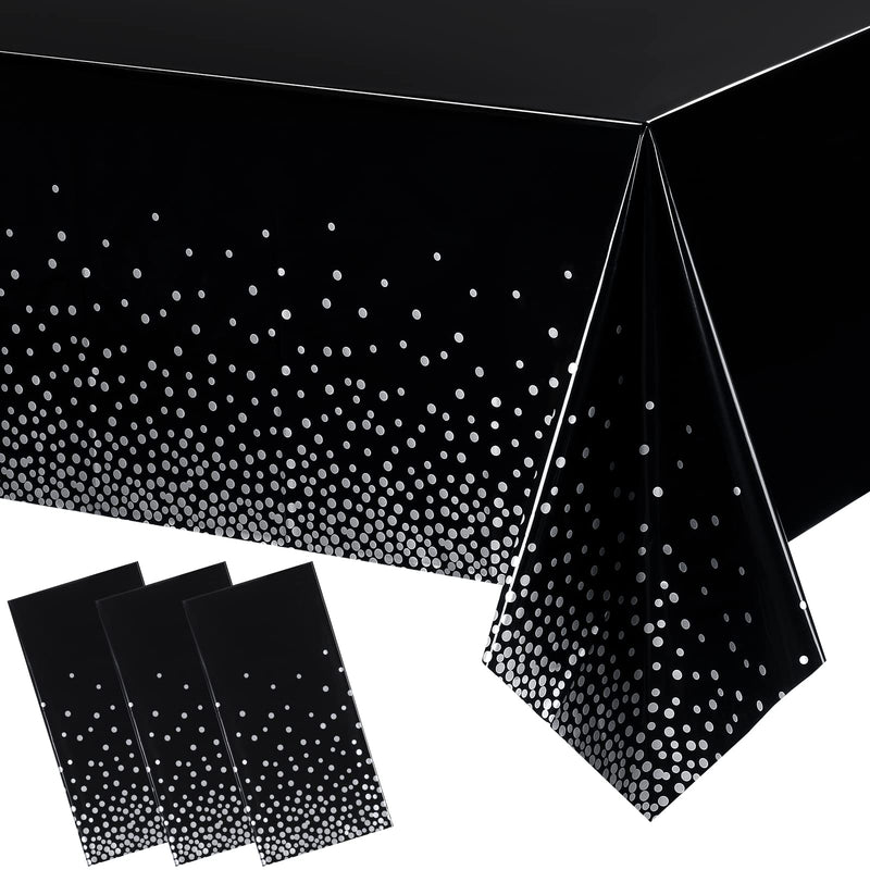 [Australia - AusPower] - 3 Pieces Dot Tablecloth Confetti Rectangle Plastic Disposable Table Cover for Birthday Wedding Baby Shower Engagement Anniversary Bachelorette Party, 54 x 108 Inch (Black and Silver) Black and Silver 