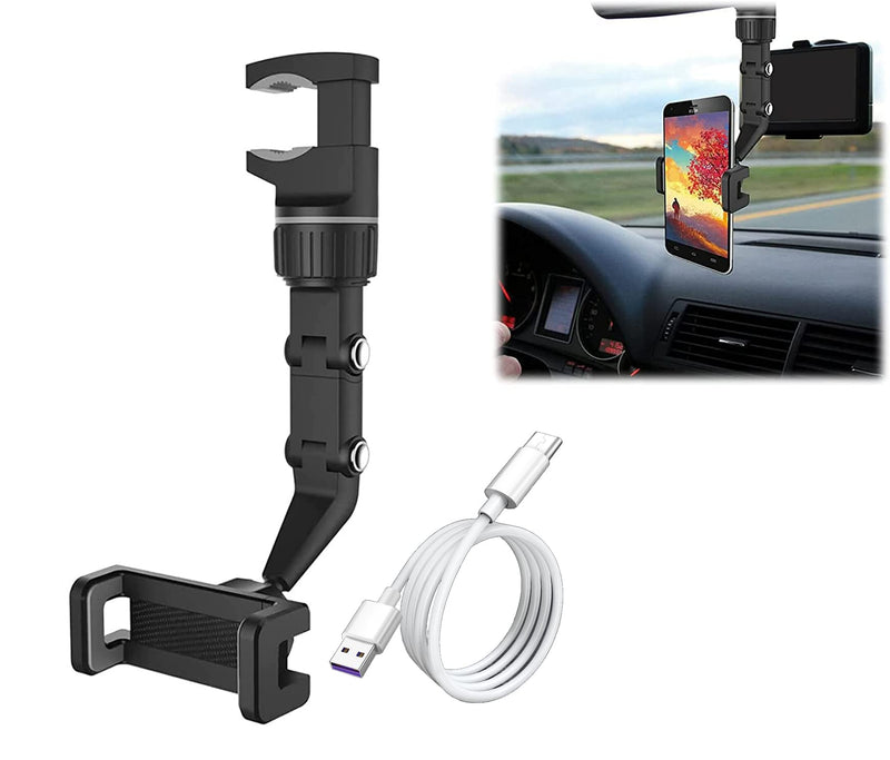 [Australia - AusPower] - 360° Rearview Mirror Phone Holder, Car Rearview Mirror Mount Phone and GPS Holder, Universal 360 Degrees Rotating Car Phone Holder Suitable Phone in 4.0-6.9 inch,with Type-C 5A Data Cable 