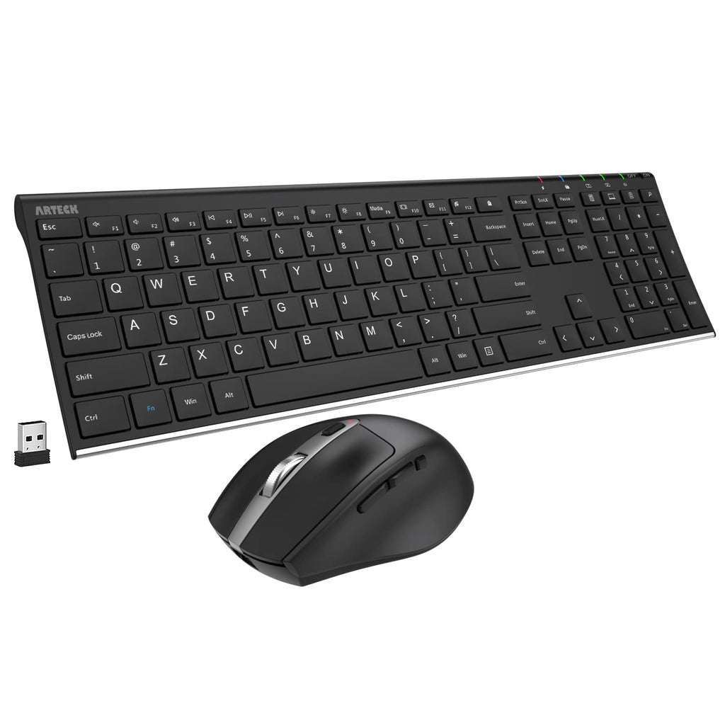 [Australia - AusPower] - Arteck 2.4G Wireless Keyboard and Mouse Combo Stainless Steel Ultra Slim Full Size Keyboard Keyboard and Ergonomic Mice for Computer Desktop PC Laptop and Windows 10/8/7 Build in Rechargeable Battery 