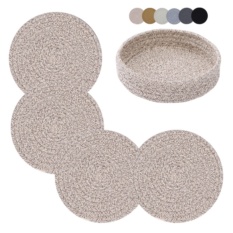 [Australia - AusPower] - Pot Holders Trivets Set 4 Pcs and Kitchen Storage Basket 1 Pack, Cotton Trivet Mat 7 Inchs for Hot Pots and Pans, Potholders for Hot Dishes, Table Countertop Protector Hot Pads Heat Resistant (Brown) Brown 