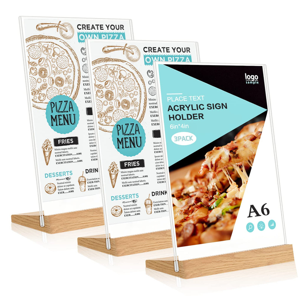 [Australia - AusPower] - 3 Packs 4 x 6 Inches Acrylic Sign Holder Wood Base, DILIBRA Clear Acrylic Frame Wooden Stand, Slanted Back Table Menu Display Stand for Flyer Paper Ad Restaurant Promotions Office A6 x 3 
