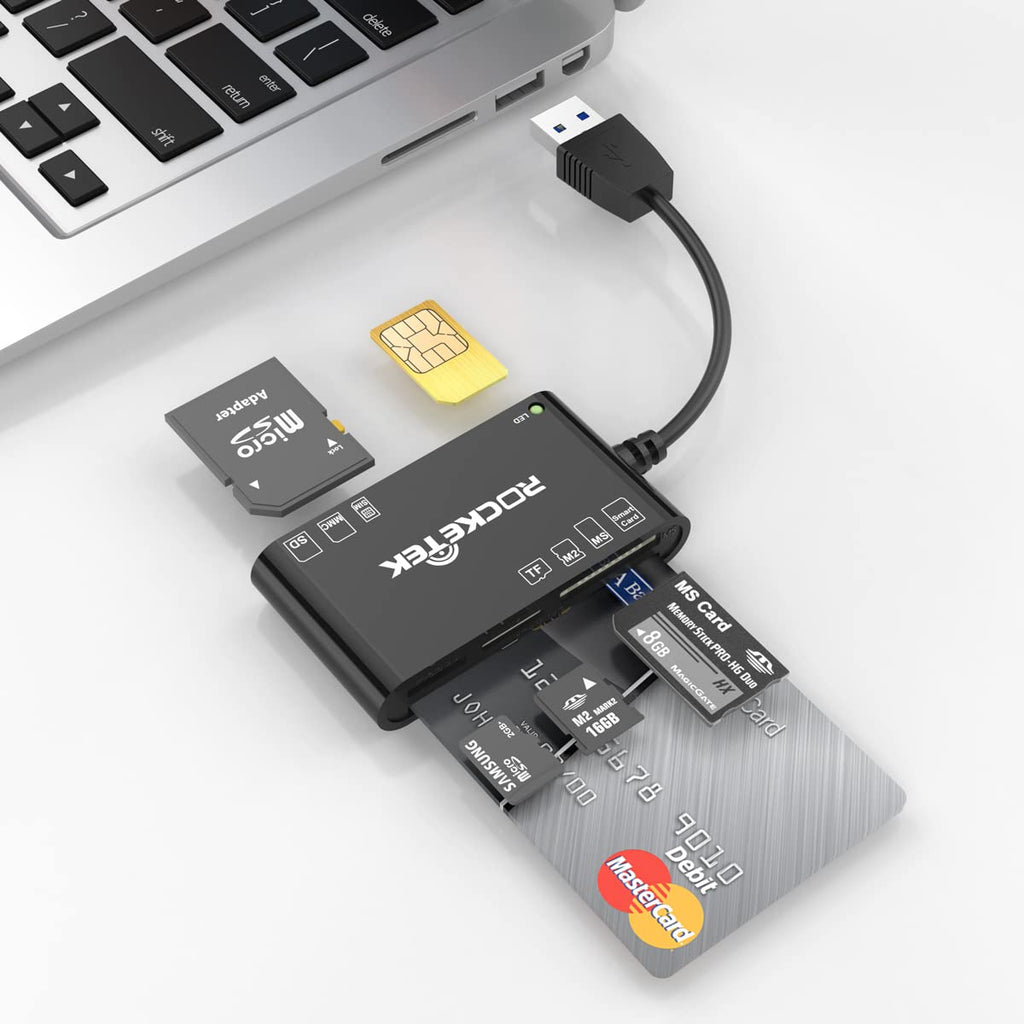 [Australia - AusPower] - 6 in 1 Memory Card Reader, Rocketek USB Smart Card Reader with SDHC/SDXC/SD Card Reader & Micro SD Card Adapter, CAC Card Reader for SIM, MS, M2, MMC RS & 4.0 for Windows, Linux/Unix, Mac OS X 