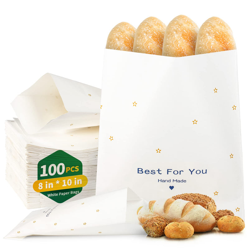 [Australia - AusPower] - 100 PCS Paper Bags,8"x10" Paper Sandwich Bags Food Grade Grease Resistant, White with Golden Star Paper Stock Bags for Bakery Cookies,Candies,Treats,Snacks,Sandwiches 8"x10" 
