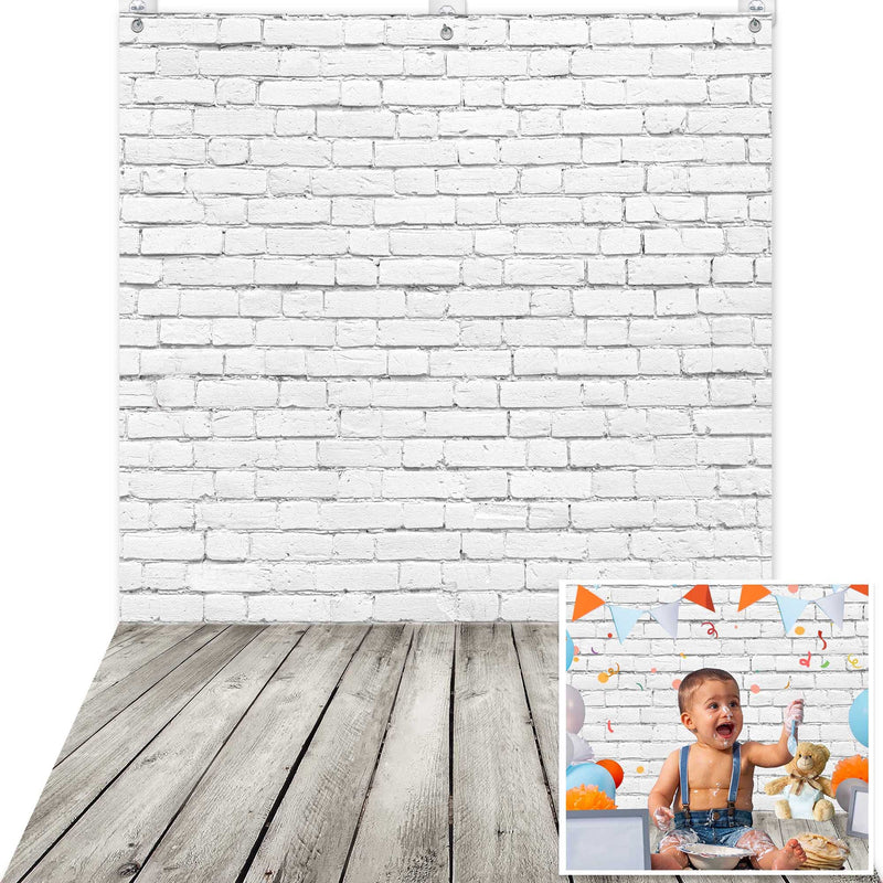 [Australia - AusPower] - GiuMsi Polyester 5x7FT White Brick Wall with Wooden Floor Photography Backdrop with 3 Hooks for Baby Shower Newborn Portrait Photo Background Shoot Props 