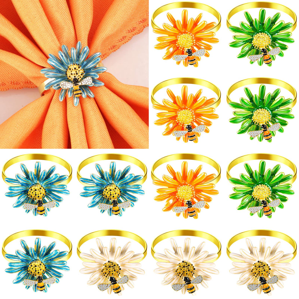 [Australia - AusPower] - 12 Pieces Daisy Flower Napkin Rings Bee Flower Napkin Rings Holder Gold Napkin Rings Pine Cones Napkin Ring Decor for Wedding Birthday Party Supplies (Bee Style,Metal) 