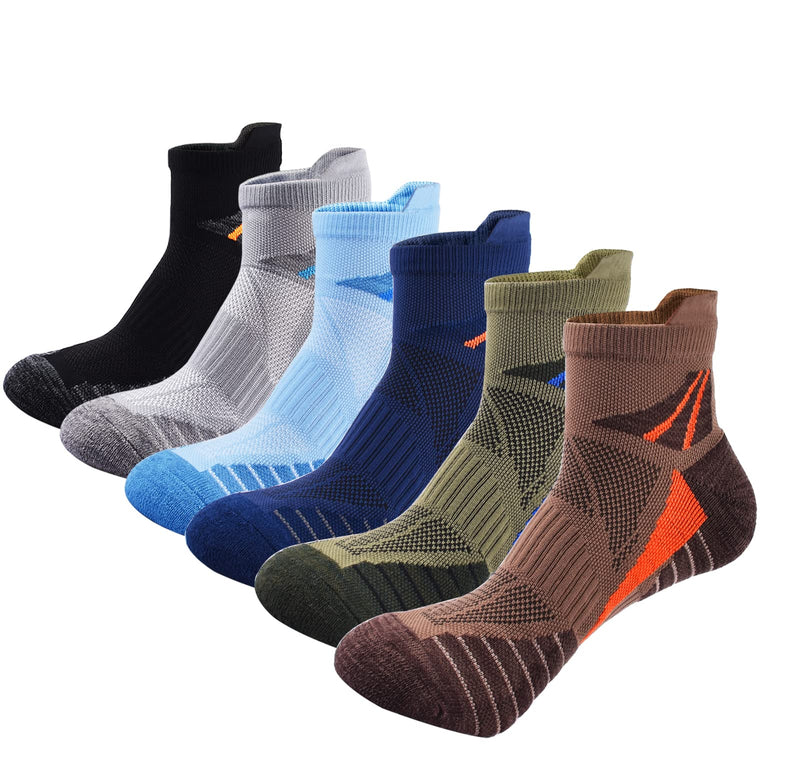 [Australia - AusPower] - Men's Low Cut Ankle Athletic Socks Cushioned Breathable Running Performance Sport Tab cotton Socks(5 pack) Black/Grey/Brown/Dark Blue/Olive-green/Sky Blue 