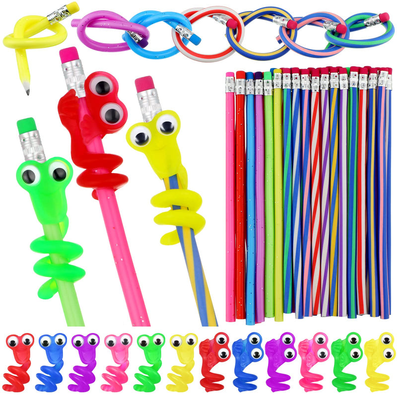 [Australia - AusPower] - 48 Pcs Bendable Pencils and Wiggly Eye Pencil Wraps Set Flexible Soft Pencil Soft Cool Fun Pencil with Erasers for Teens Students Classroom Gift Birthday Party Favor Bag Filler Back to School Supplies 