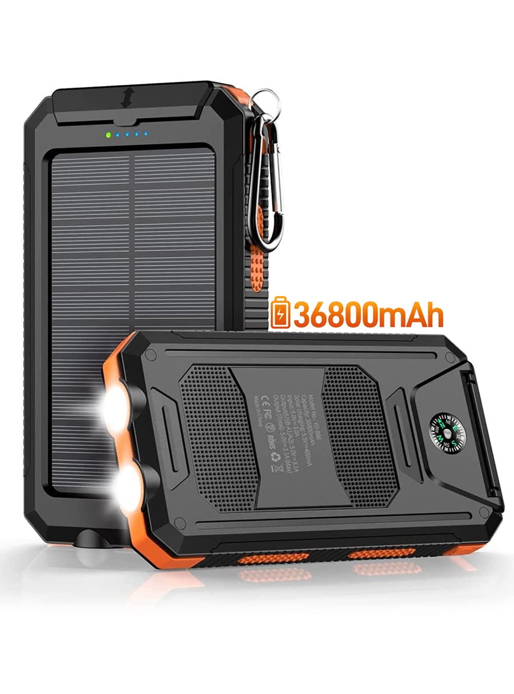 [Australia - AusPower] - Power-Bank-Portable-Charger-Solar - 36800mAh Waterproof Portable External Backup Battery Charger Built-in Dual QC 3.0 5V3.1A Fast USB and Flashlight for All Phone and Electronic Devices (Orange) Orange 