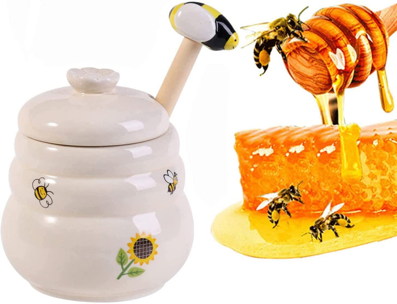 [Australia - AusPower] - 1Set Ceramic Honey Pot with Wooden Dipper Can Bee Honey Jar for Home Kitchen Baby Shower Return Gifts Birthday Wedding Anniversary Bee Theme Party Decor (1, Honey Pot) 1 