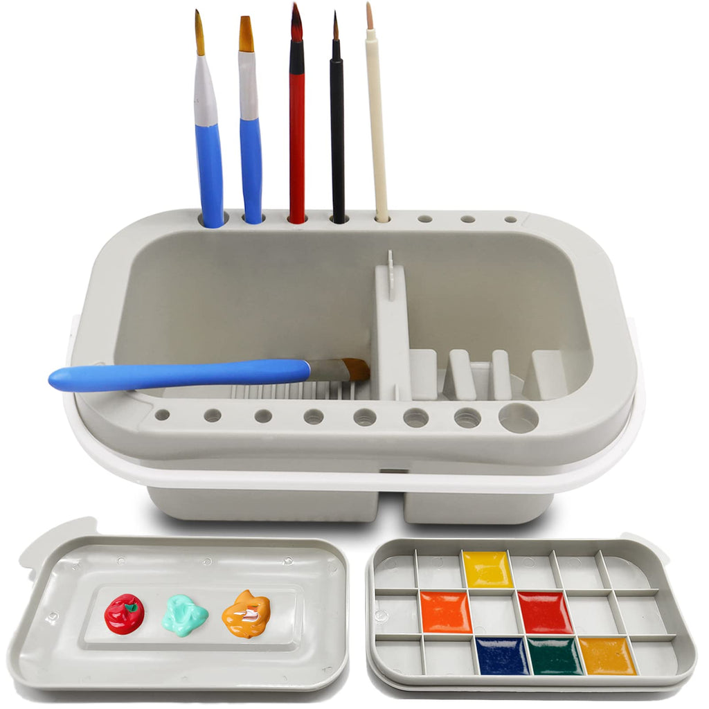 [Australia - AusPower] - Paint Brush Basin,Multi-Use Paint Brush Basin with Brushes Holder,Paint Brush Cleaner for Watercolor,Oil Painting and Water-Based Paints(Grey) 