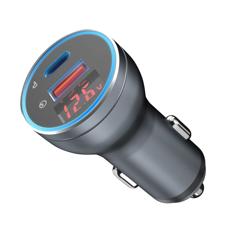 [Australia - AusPower] - USB C Car Charger with Voltage Display, 42W Metal Fast Charging Type C Car Charger for iPhone 13, PD+QC3.0 Dual Port Car Charger Adapter for Samsung S21/S20 Ultra/iPhone 13 12 Pro Max/Google Pixel Silver 