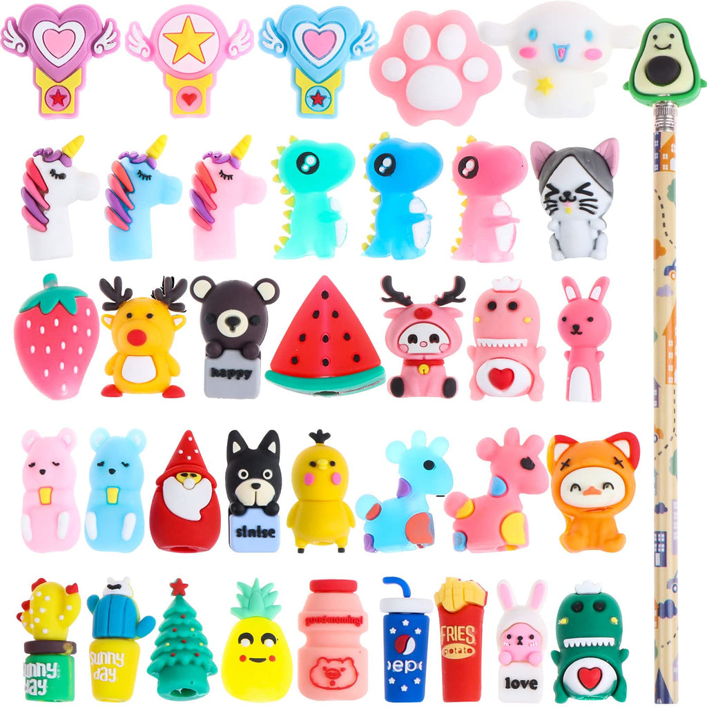 [Australia - AusPower] - 40 Pieces Pencil Toppers Set Include 38 Pcs Cartoon Animal Pencils Tops Silicone Pencil Toppers with 2 Pcs Pencils for Kids Office School Supplies Classroom Reward 