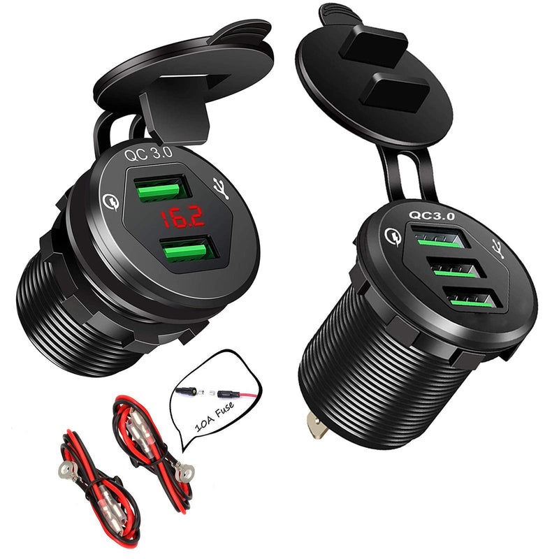 [Australia - AusPower] - 2 Pack Quick Charge 3.0 USB Car Charger Socket, Upgraded 3xQC3.0 USB Ports & Dual 12V USB Outlet with Volmeter Waterproof 36W 12V Power Outlet Fast Charge with 10A Wire Fuse Aluminum for Car Boat RV 