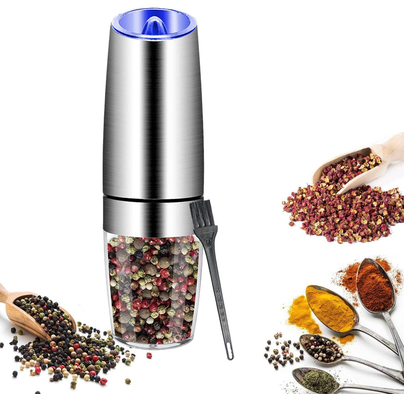 [Australia - AusPower] - Gravity Electric Pepper Grinder, Salt and Pepper Mill & Adjustable Coarseness, Battery Powered with LED Light, One Hand Automatic Operation, Stainless Steel 