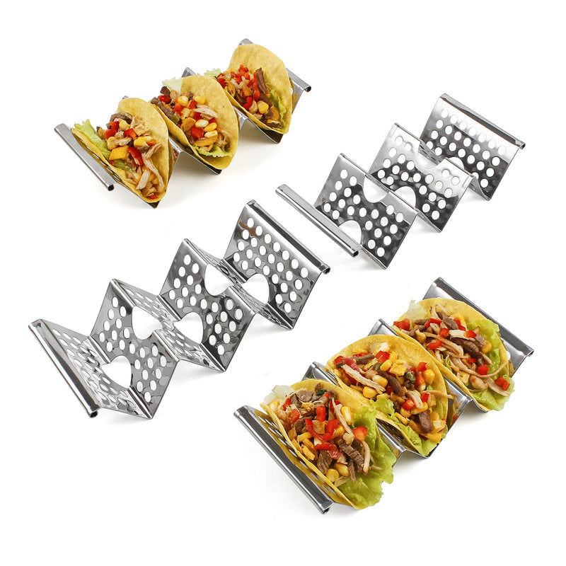 [Australia - AusPower] - 4 Pack Stainless Steel Taco Holders, Premium Taco Stands, Holds 2 Or 3 Tacos Each Taco Tray, Taco Rack With Easy-Access Handle, Food Grade Taco Plate Shells Oven & Grill Safe, BPA Free(Hollow) Hollow 