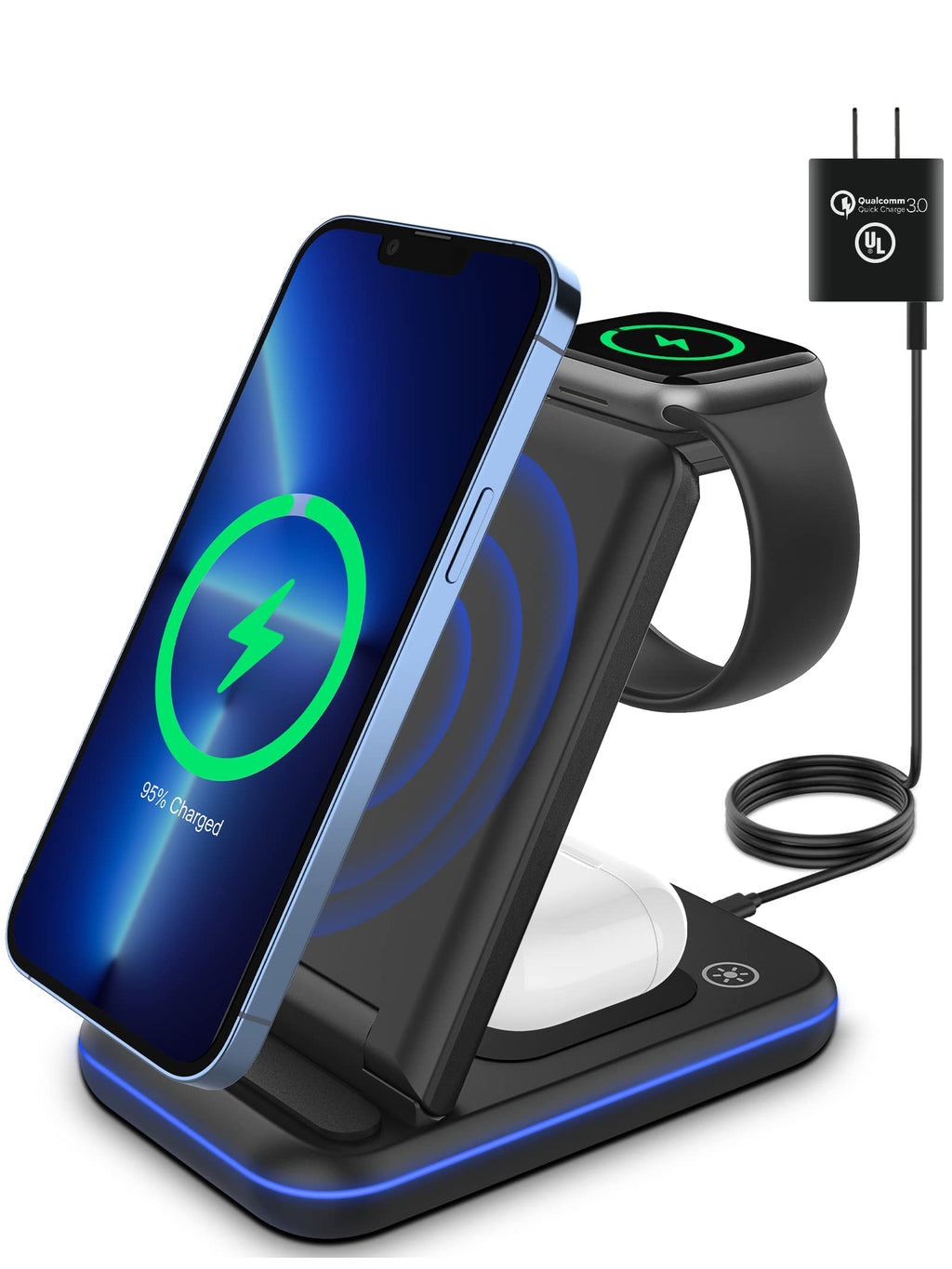 [Australia - AusPower] - HIOUME 3 in 1 Foldable Wireless Charger, 15W Fast Charging Station Stand for iPhone, Apple Watch, AirPods, Samsung Galaxy, All QI Certified Phones, UL Certified QC 3.0 Power Adapter Included 