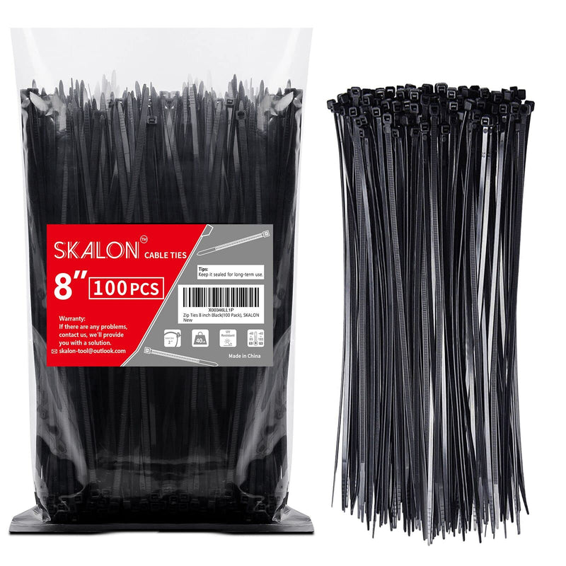 [Australia - AusPower] - Zip Ties 8 inch (100 Pack), 40lbs Tensile Strength, Black Cable Ties, Wire Ties for indoor and outdoor use, by Skalon 8" 100 Pack 
