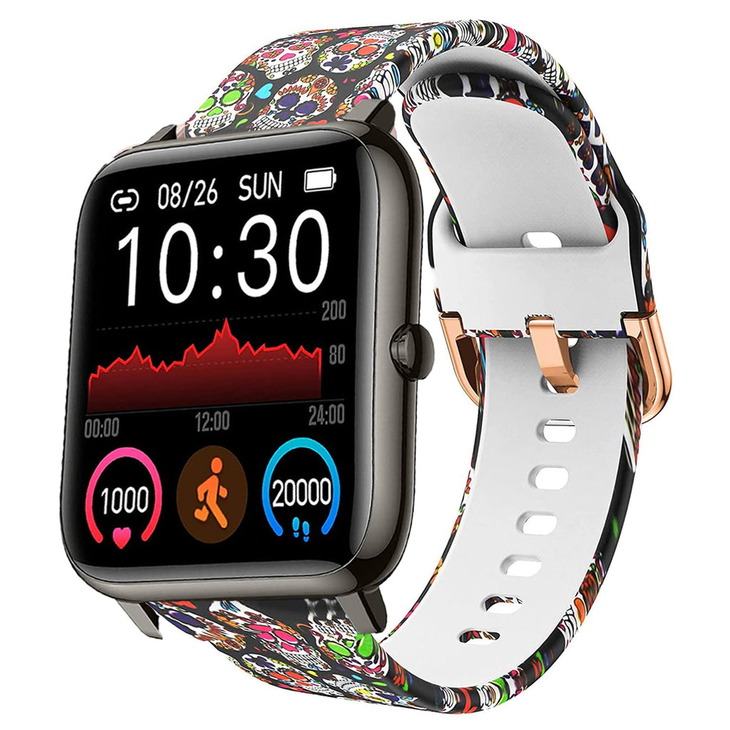 [Australia - AusPower] - NewJourney Bands Compatible with Donerton Smart Watch Bands, Soft Silicone Fadeless Pattern Printed Floral Replacement Band for P22 P32 P36 Watch Colorful Skull 