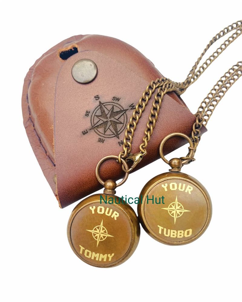 [Australia - AusPower] - Your Tommy Your Tubbo Brass Locket Nautical Pocket Compass with Leather Carry Case, Compass with Chain, Pirates Compass, Engraved Gift Compass Antique Camping Compass 