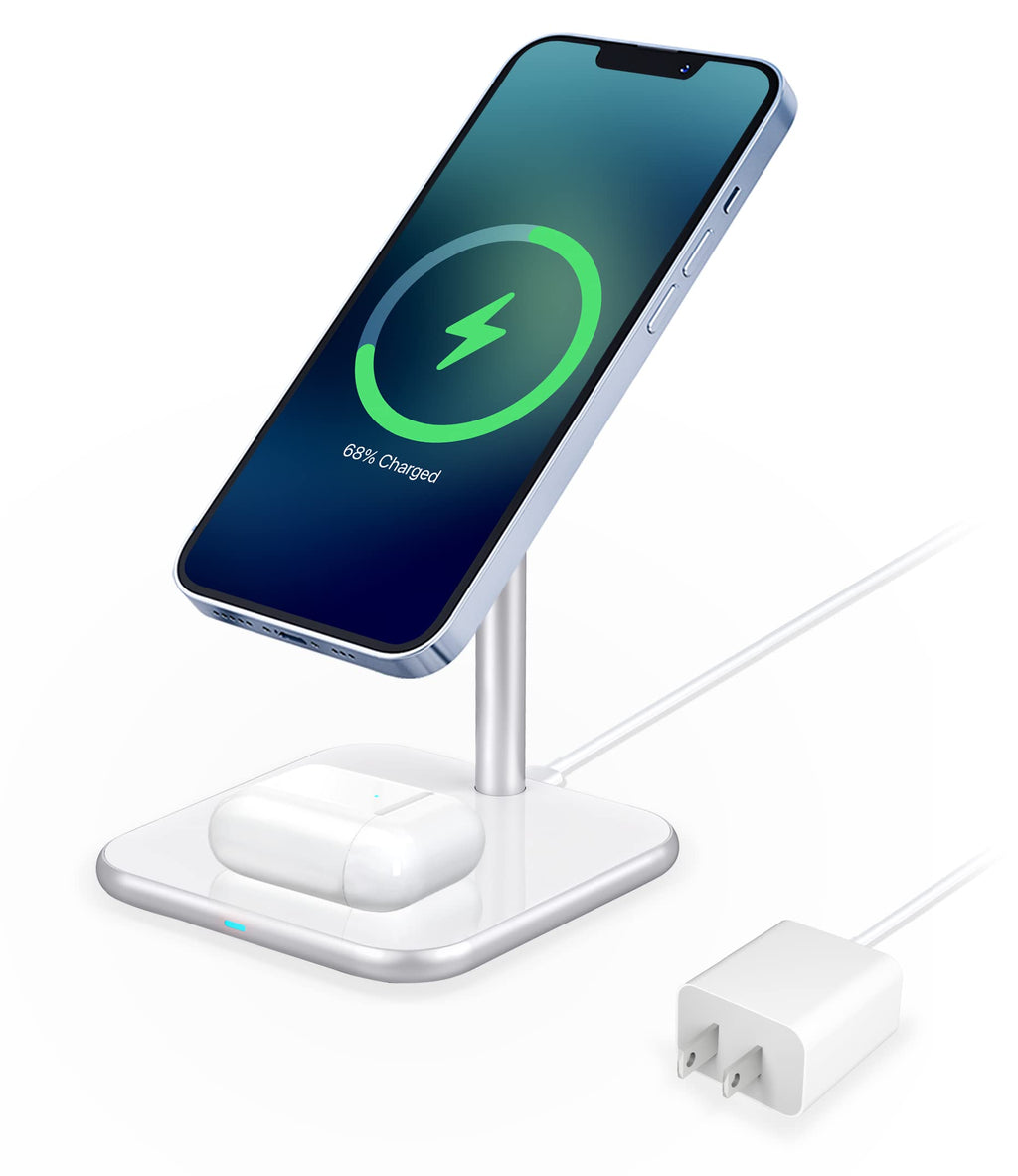 [Australia - AusPower] - Aluminum 2 in 1 Magnetic Wireless Charger, Neluxfe Fast Charging Station Compatible with MagSafe Stand for iPhone 13, 12, Pro Max, Mini and AirPods Pro (White) 