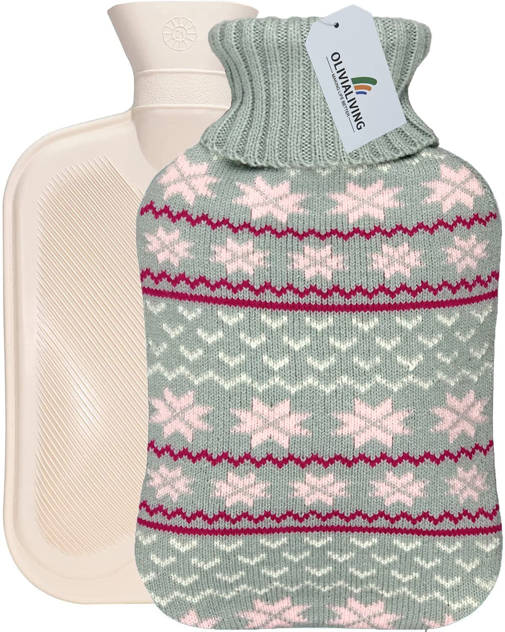 [Australia - AusPower] - OliviaLiving Hot Water Bag Hot Water Bottle 2 Liter with Knit Cover - Great for Cramps, Pain Relief & Cozy Nights - Water Heating Pad - Feet & Bed Warmer for Adults, Classic Snowflake 