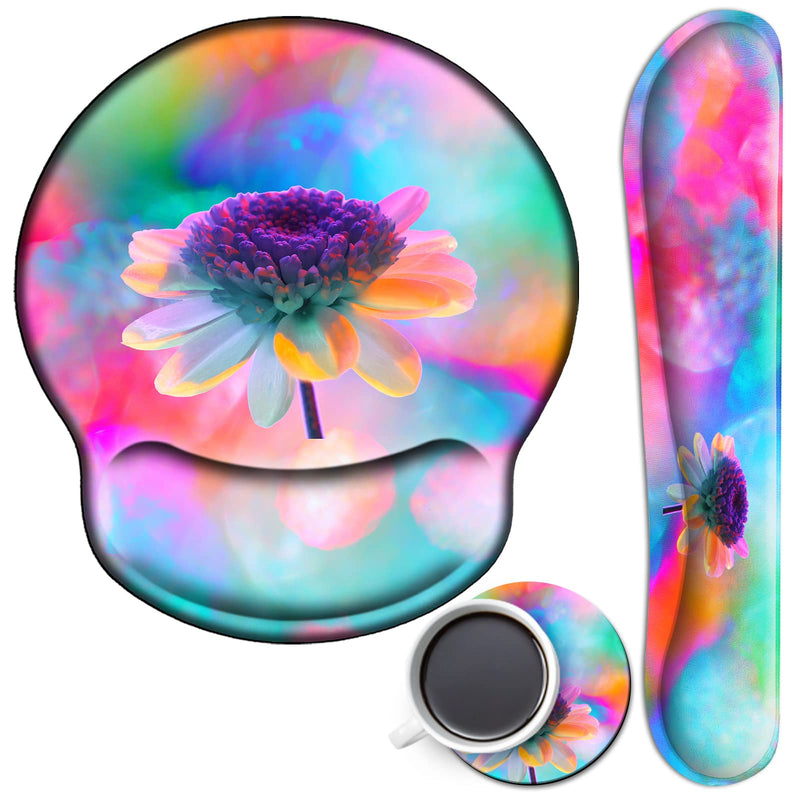 [Australia - AusPower] - Ergonomic Mouse Pad and Keyboard Wrist Rest Set, Non Slip PU Base Easy Typing Pain Relief Gaming Mousepad with Coaster 3-in-1 Combo for Computer Laptop Home Office, Pink Watercolor Flower 3 Pcs Set 