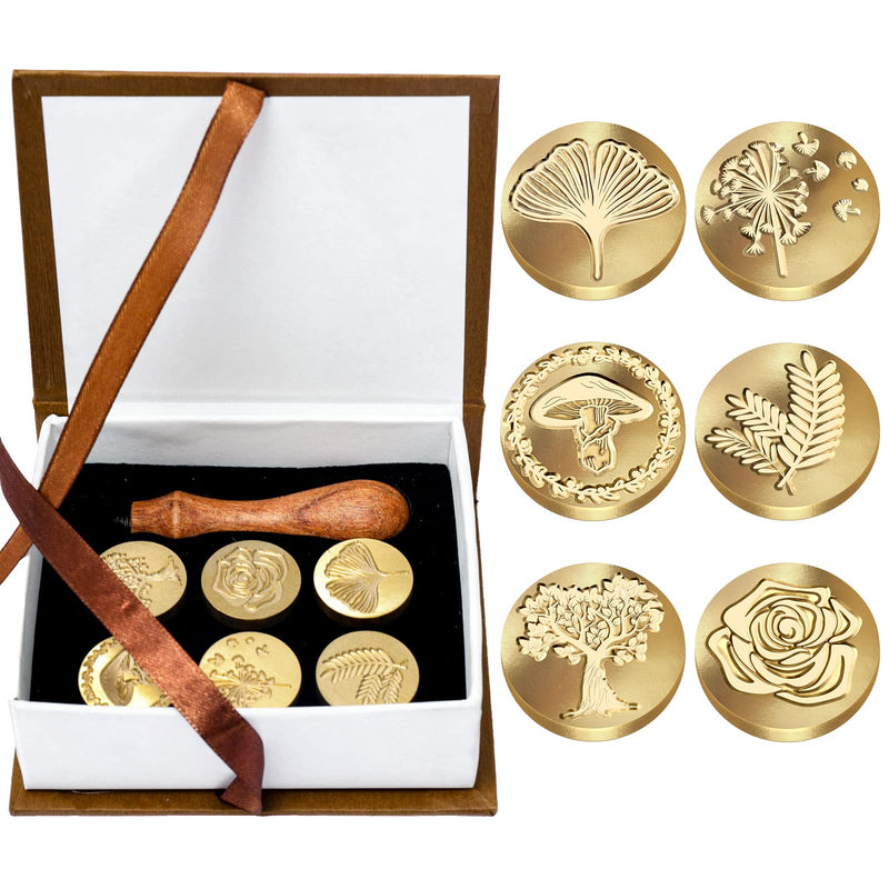 [Australia - AusPower] - Whaline 6Pcs Wax Seal Stamp Set Plant Theme Sealing Wax Stamp Dandelion Mushroom Tree Rose Ginkgo Rosemary Wax Seal Stamp with Wooden Handle Gift Box for Party Invitation Supplies Greeting Cards 