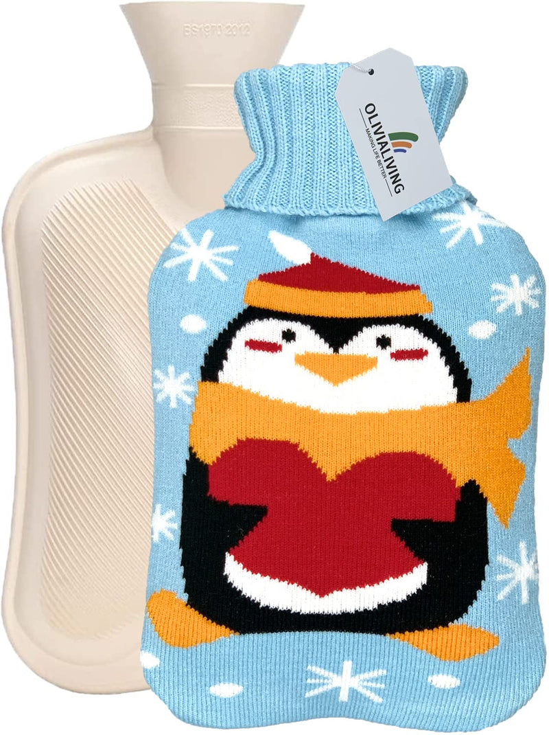 [Australia - AusPower] - OliviaLiving Hot Water Bag Hot Water Bottle 2 Liter with Knit Cover - Great for Cramps, Pain Relief & Cozy Nights - Water Heating Pad - Feet & Bed Warmer for Adults, Cartoon Penguin Blue 