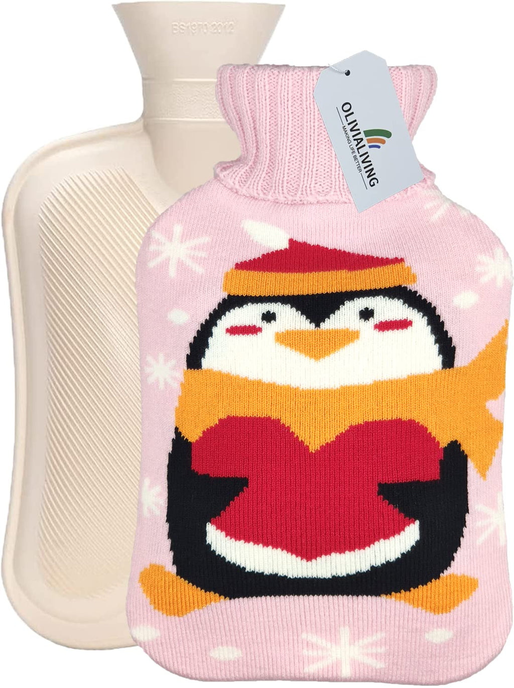 [Australia - AusPower] - OliviaLiving Hot Water Bag Hot Water Bottle 2 Liter with Knit Cover - Great for Cramps, Pain Relief & Cozy Nights - Water Heating Pad - Feet & Bed Warmer for Adults, Cartoon Penguin Pink 
