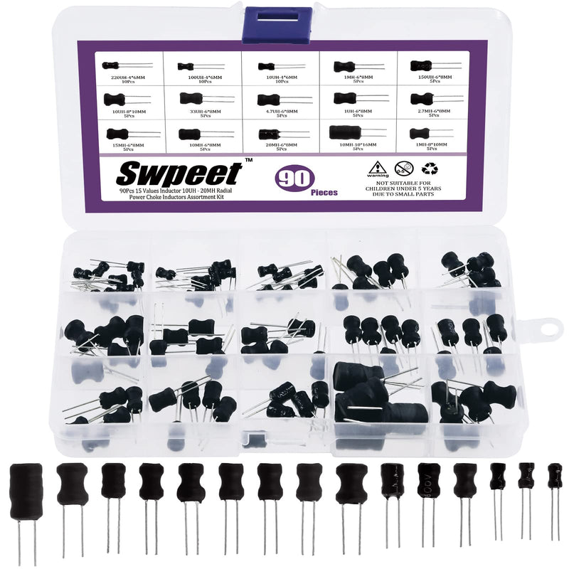 [Australia - AusPower] - Swpeet 90Pcs 15 Values Inductor 10UH - 20MH Assortment Kit, High Self-Resonance Frequency Choke Coil Inductors DIP Radial Power Choke Inductors for PVC or UL Tube (90) 90 