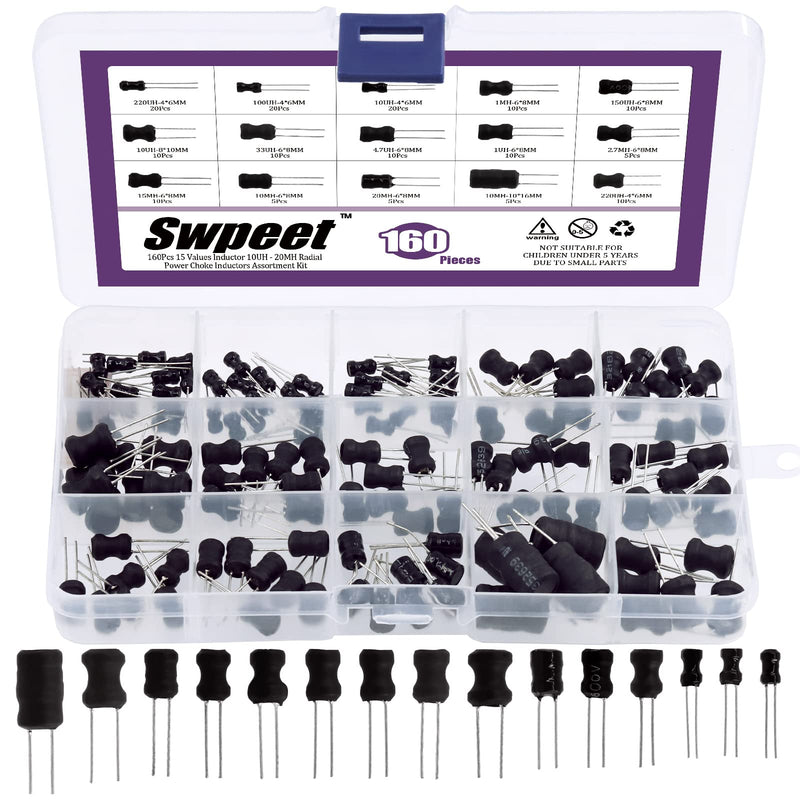 [Australia - AusPower] - Swpeet 160Pcs 15 Values Inductor 10UH - 20MH Assortment Kit, High Self-Resonance Frequency Choke Coil Inductors DIP Radial Power Choke Inductors for PVC or UL Tube (160) 160 