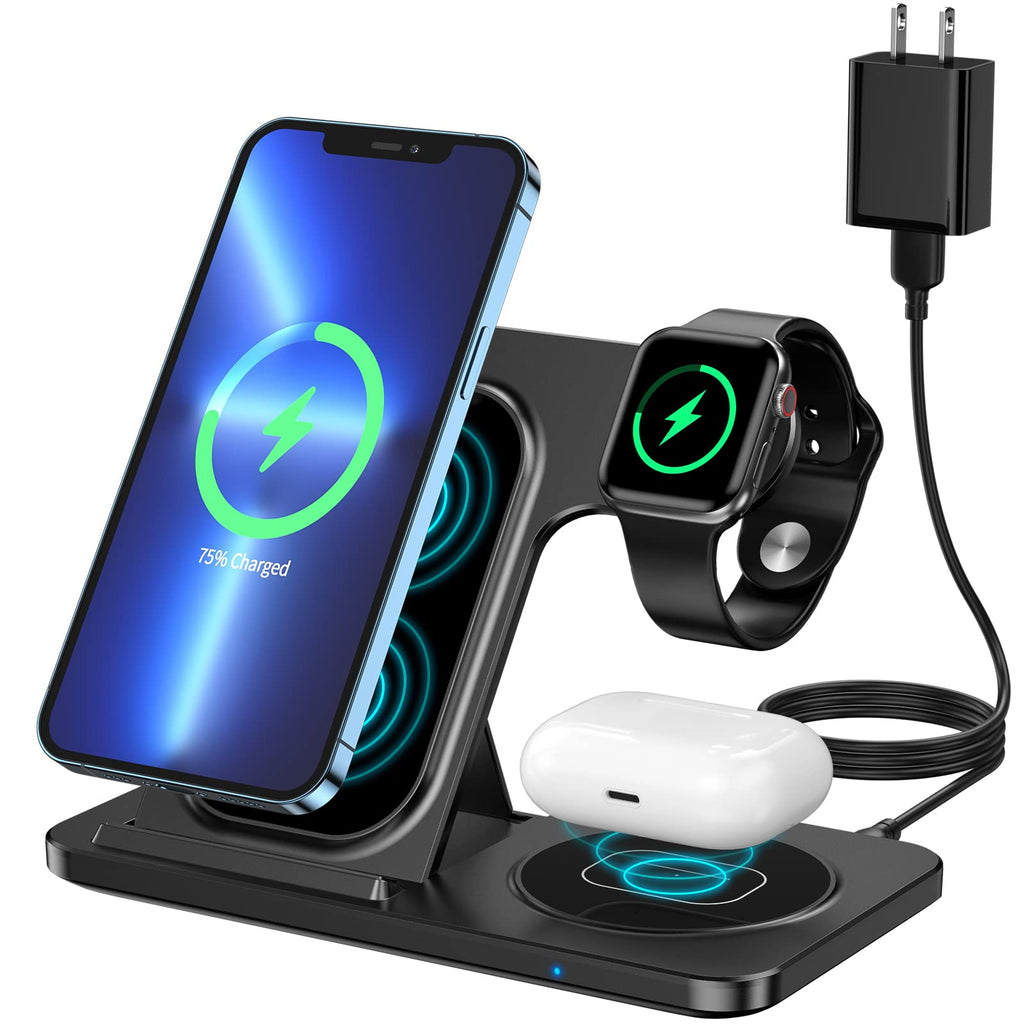 [Australia - AusPower] - Wireless Charging Station, KOOPAO 3 in 1 15W Foldable Fast Wireless Charger Stand Compatible with iPhone 13/12/11Pro/Max/XR/XS Max/X, Apple Watch 7/6/SE/5/4/3/2/, AirPods 2/Pro 