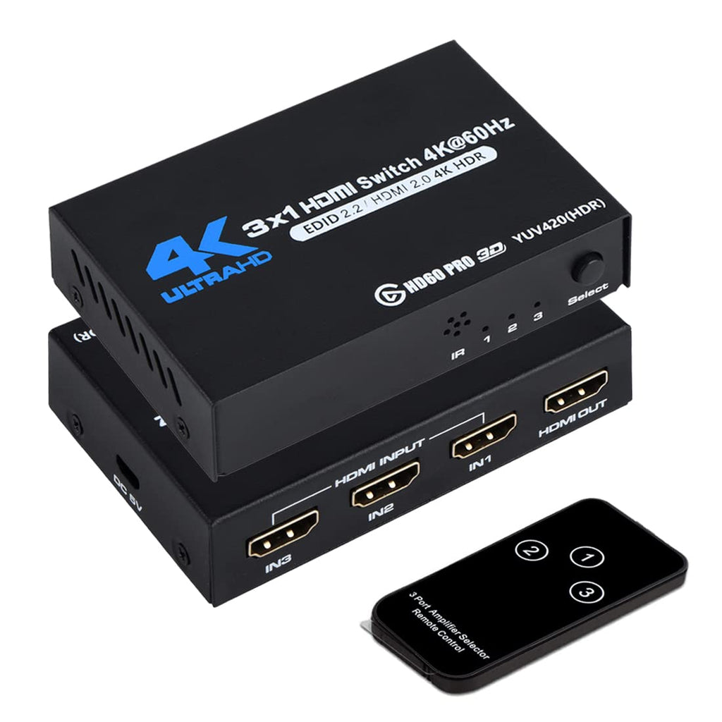 [Australia - AusPower] - HDMI Switch 4K@60Hz, 3 Port HDMI Switch 3 in 1 Out with IR Remote Control, Support 4K, 3D, 1080P, HDMI 1.4b, HDCP 2.2, Ultra HD for HDTV, PS4/5, Game Consoles etc 