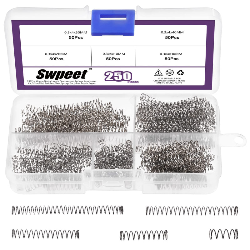[Australia - AusPower] - Swpeet 250Pcs 5 Sizes Compression Springs Assortment Kit, Mini Stainless Steel Extension Springs for Shop and Home Repairs, 0.39" to 1.97" Length, 0.16" OD, 10mm - 50mm Length, 4mm OD 250 