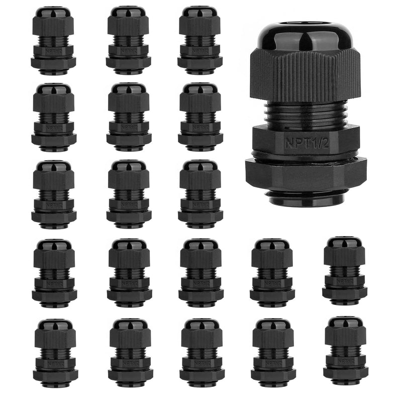 [Australia - AusPower] - AMPELE 20 Pack 1/2'' NPT Cable Gland Waterproof Adjustable 6-12mm/0.24-0.47inch Nylon Cable Glands Joints with Gaskets (1/2", 20 Pack) 1/2'' (20-Pack) 