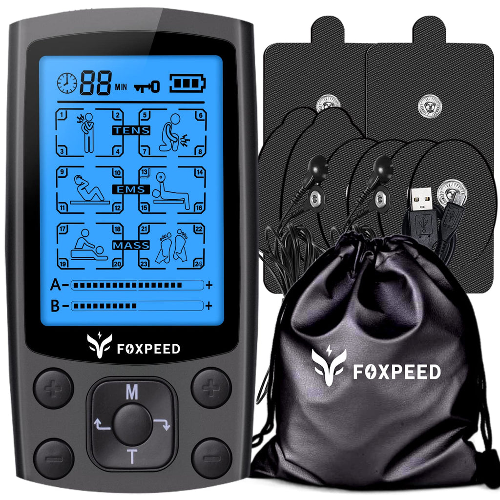 [Australia - AusPower] - FOXPEED Dual Channel Electric TENS Unit Muscle Stimulator with 24 Modes and 20 Intensities of Pulse Massager, Used to Relieve Pain, Rechargeable TENS Machine Massager for Workout & Travel 