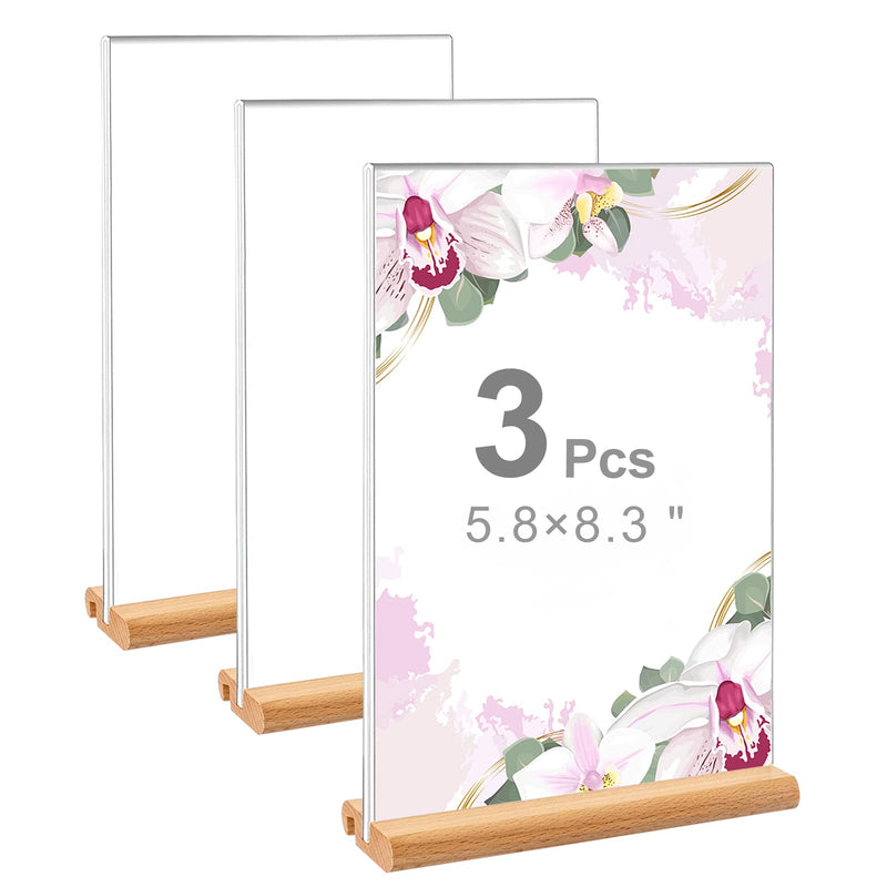 [Australia - AusPower] - 3 Packs Acrylic Sign Holder, FODIENS Clear T Shape Table Top Display Stand with Dual-use Wooden base, Double Sided Menu Flyer Picture Frame Sign Holders for Restaurants Office Promotions (6 x 8 Inch) A5x3 