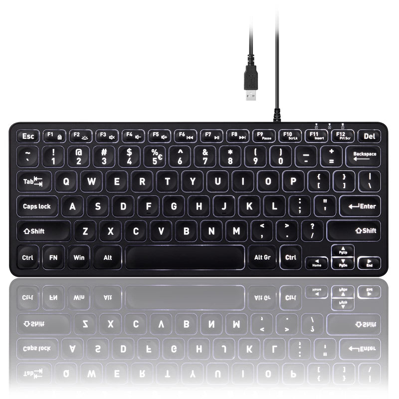 [Australia - AusPower] - Perixx PERIBOARD-332 Wired Backlit USB Keyboard - Mini 11.22x4.57x0.83 Inches - Slim Scissor Keys with Big Font - White Illuminated LED - US English 