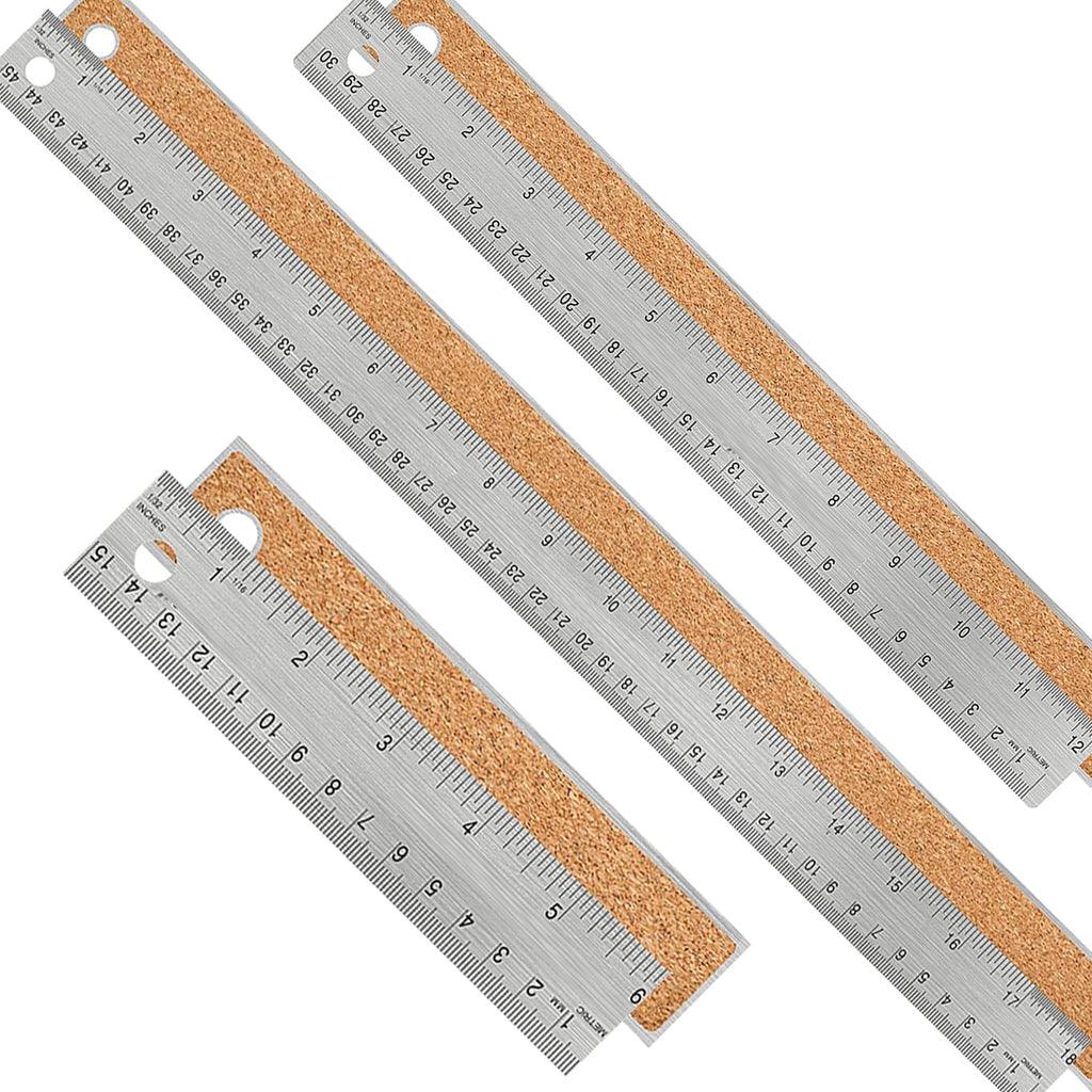 [Australia - AusPower] - Metal Ruler:[6+12+18 Inch] Stainless Steel Metal Ruler with Cork Backing Non-Slip Rulers with Inch and Centimeters Metal Ruler 6 Inch 12 Inch 18inch Drafting Office Tools Prevent Ink Leakage 
