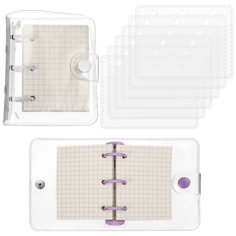[Australia - AusPower] - 2 Pcs Transparent 3 Ring Binder Covers PVC Clear Notebook Loose Leaf Mini Binder Pockets Snap Button Mini Journal Binder Round Ring Protector with 80 Inner Papers and Refillable Bags, Purple, White 