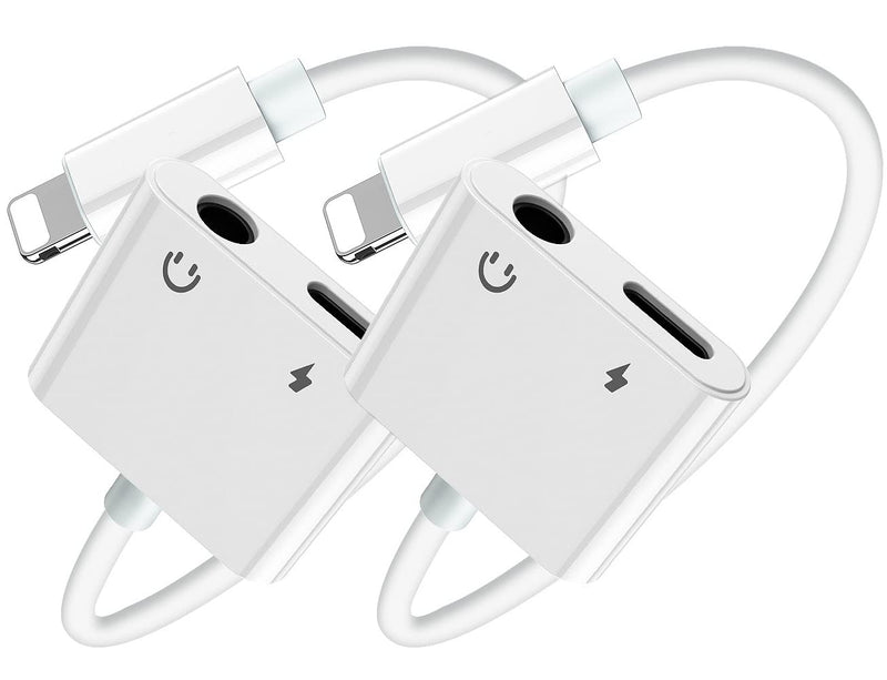 [Australia - AusPower] - 2 Pack Headphone Adapter for iPhone, [Apple MFi Certified] 2 in 1 Lightning to 3.5mm AUX Audio + Charger Splitter Compatible with iPhone 13/12/11/XS/XR/X 8/i Pad,Support Music Control[Cann't for Call] White-3.5mm Audio Jack + Lightning Port 